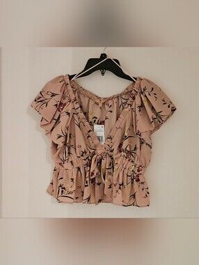 NWT Evolutionary Floral Short Sleeve V-Neck Tie Front Blouse Size L, Blush/Mauve